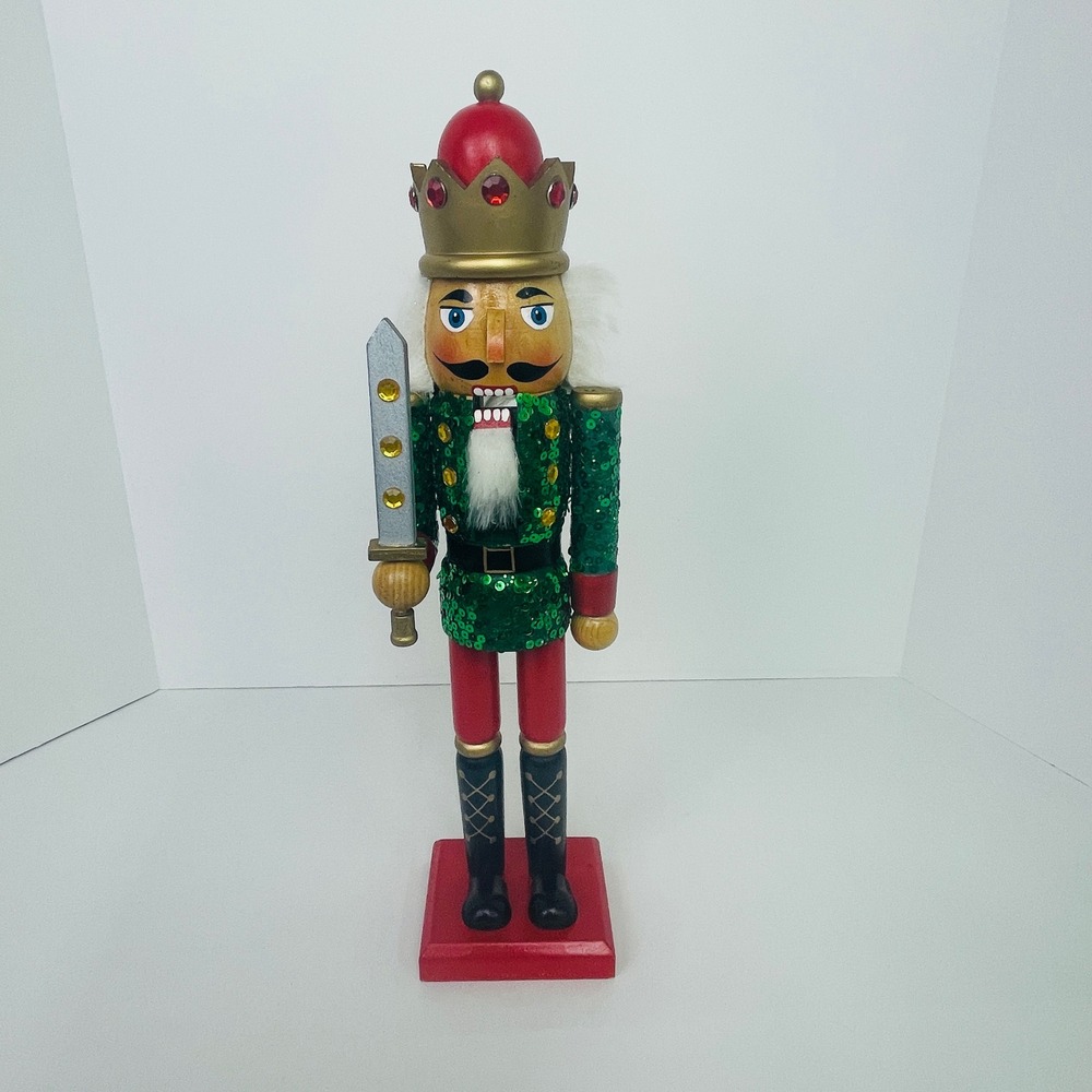 Nutcracker King Christmas Decor 12in Green Sequin Jacket Gold Crown Wood Sword